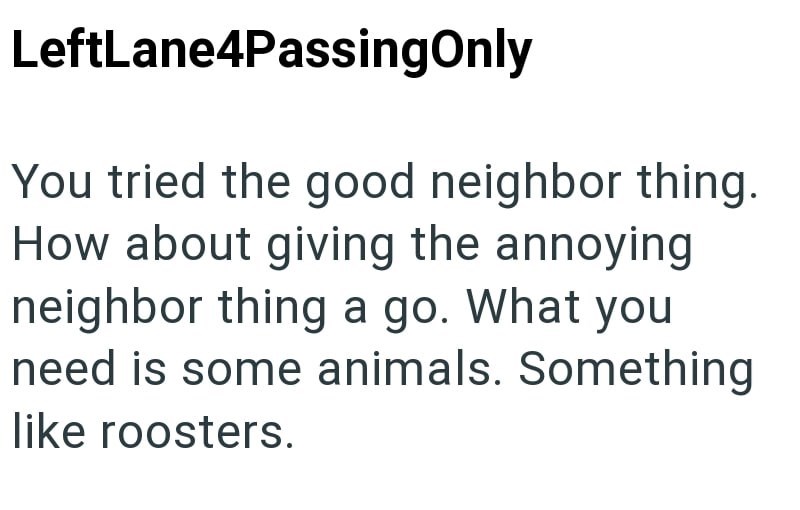 LeftLane4PassingOnly You tried the good neighbor thing. How about giving the annoying neighbor thing a go. What you need is some animals. Something like roosters.