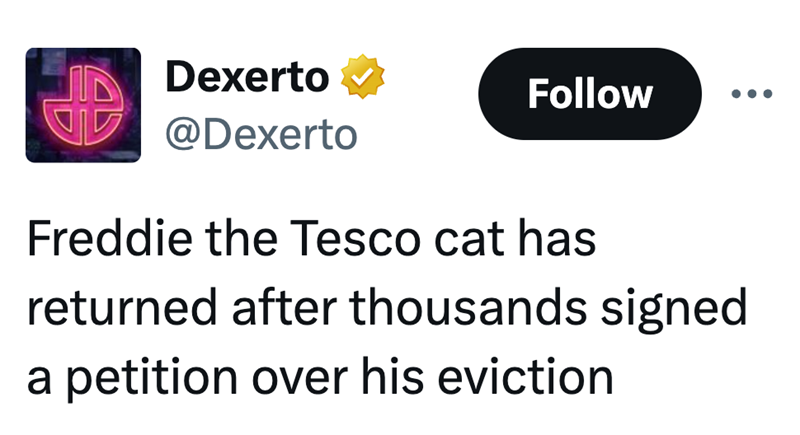 Dexerto V @Dexerto Follow Freddie the Tesco cat has returned after thousands signed a petition over his eviction