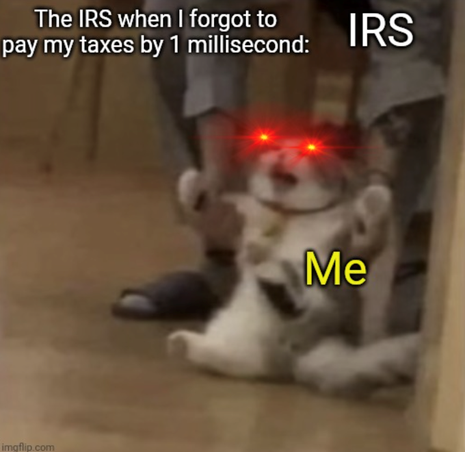 The IRS when I forgot to pay my taxes by 1 millisecond: imgflip.com IRS Me