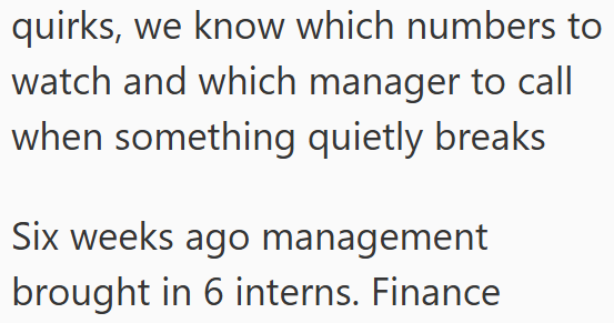 quirks, we know which numbers to watch and which manager to call when something quietly breaks Six weeks ago management brought in 6 interns. Finance