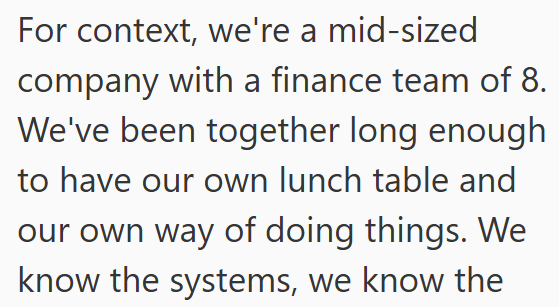 For context, we're a mid-sized company with a finance team of 8. We've been together long enough to have our own lunch table and our own way of doing things. We know the systems, we know the