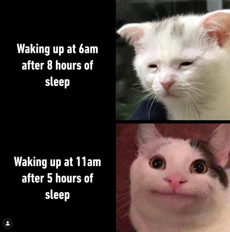 Waking up at 6am after 8 hours of sleep Waking up at 11am after 5 hours of sleep