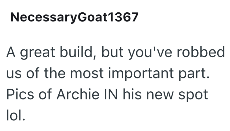 NecessaryGoat1367 A great build, but you've robbed us of the most important part. Pics of Archie IN his new spot lol.