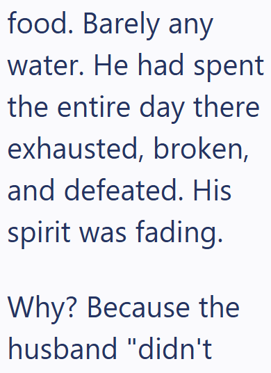 food. Barely any water. He had spent the entire day there exhausted, broken, and defeated. His spirit was fading. Why? Because the husband "didn't