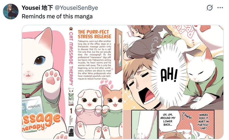 Yousei F @YouseiSenBye Reminds me of this manga CAT MASSAGE THERAPY : THE PURR-FECT STRESS RELEASE nekoyama, worn out after another long day at the office, stops at a therapeutic massage parlor-only to discover that it's run by a cot! not only that, but the cat actually does the massaging?! As the professional "meowsseur" digs soft toe beans into nekoyama's aching muscles, his heart warms and his worries melt away. This is only the beginning, as he and other world- weary workers are about to mee
