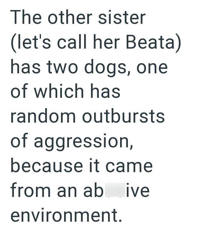 The other sister (let's call her Beata) has two dogs, one of which has random outbursts of aggression, because it came from an abive environment.