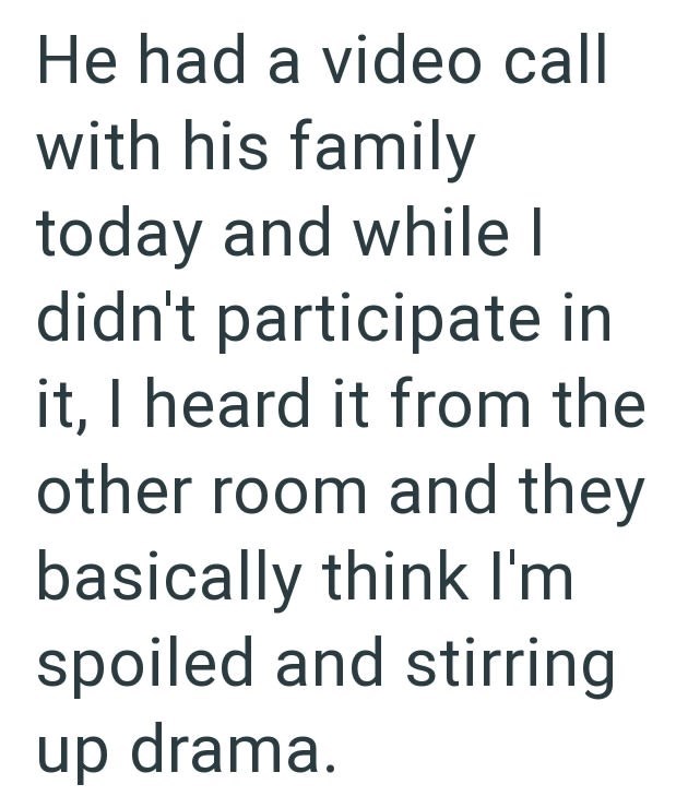 He had a video call with his family today and while I didn't participate in it, I heard it from the other room and they basically think I'm spoiled and stirring up drama.