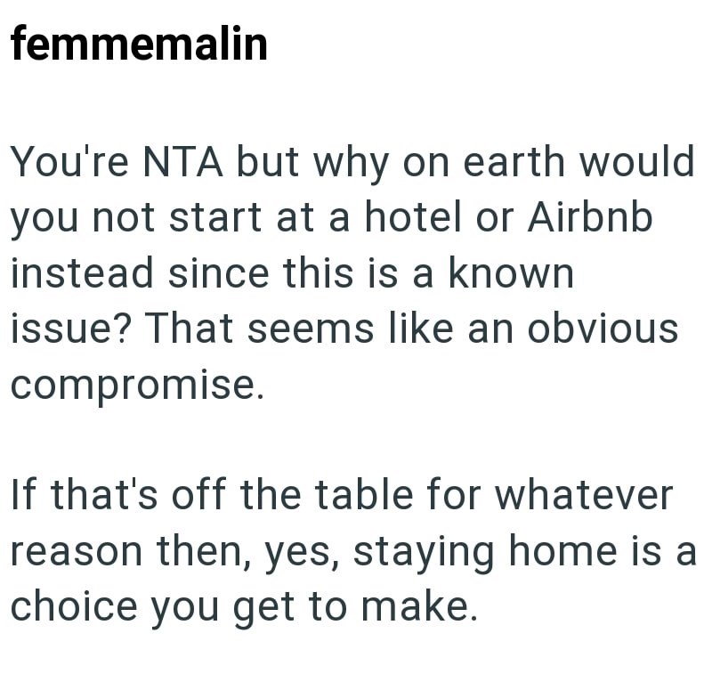 femmemalin You're NTA but why on earth would you not start at a hotel or Airbnb instead since this is a known issue? That seems like an obvious compromise. If that's off the table for whatever reason then, yes, staying home is a choice you get to make.