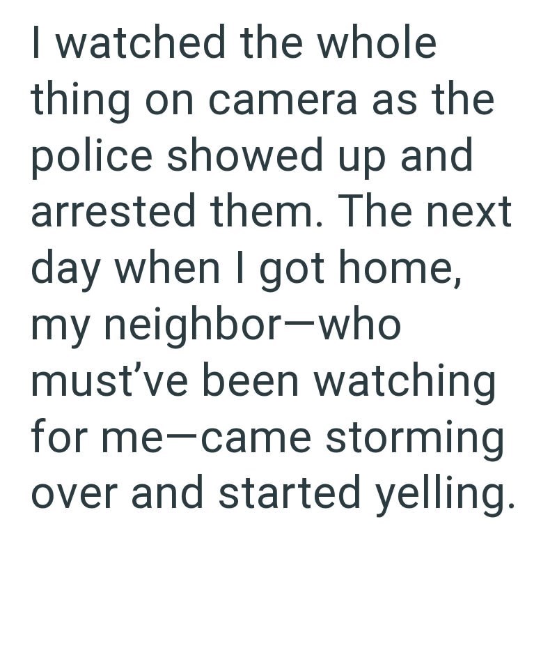 I watched the whole thing on camera as the police showed up and arrested them. The next day when I got home, my neighbor-who must've been watching for me came storming over and started yelling.