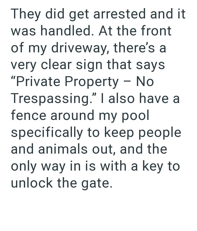 They did get arrested and it was handled. At the front of my driveway, there's a very clear sign that says "Private Property - No Trespassing." I also have a fence around my pool specifically to keep people and animals out, and the only way in is with a key to unlock the gate.