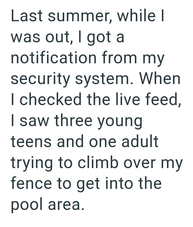 Last summer, while I was out, I got a notification from my security system. When I checked the live feed, I saw three young teens and one adult trying to climb over my fence to get into the pool area.
