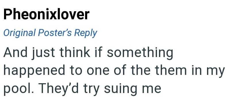 Pheonixlover Original Poster's Reply And just think if something happened to one of the them in my pool. They'd try suing me