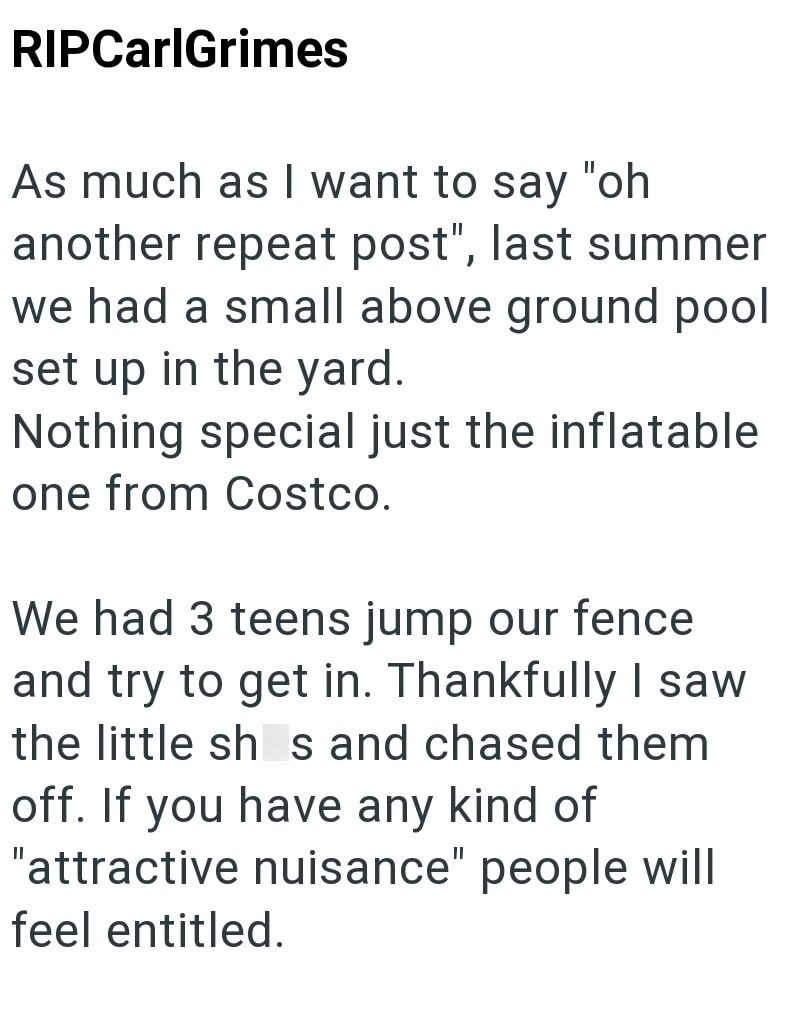 RIPCarlGrimes As much as I want to say "oh another repeat post", last summer we had a small above ground pool set up in the yard. Nothing special just the inflatable one from Costco. We had 3 teens jump our fence and try to get in. Thankfully I saw the little sh s and chased them off. If you have any kind of "attractive nuisance" people will feel entitled.