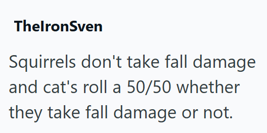 ThelronSven Squirrels don't take fall damage and cat's roll a 50/50 whether they take fall damage or not.