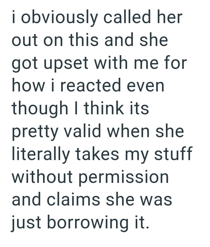 i obviously called her out on this and she got upset with me for how i reacted even though I think its pretty valid when she literally takes my stuff without permission and claims she was just borrowing it.