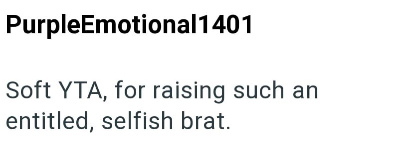 PurpleEmotional1401 Soft YTA, for raising such an entitled, selfish brat.