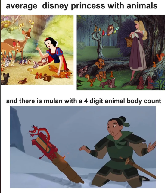 average disney princess with animals and there is mulan with a 4 digit animal body count