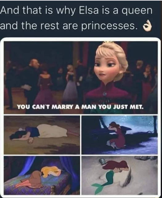 And that is why Elsa is a queen and the rest are princesses. YOU CAN'T MARRY A MAN YOU JUST MET.