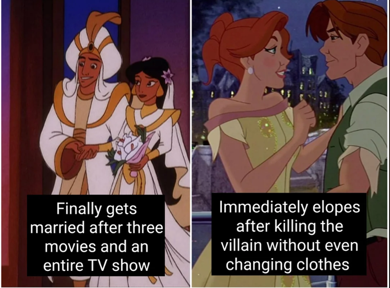 Finally gets married after three movies and an entire TV show Immediately elopes after killing the villain without even changing clothes