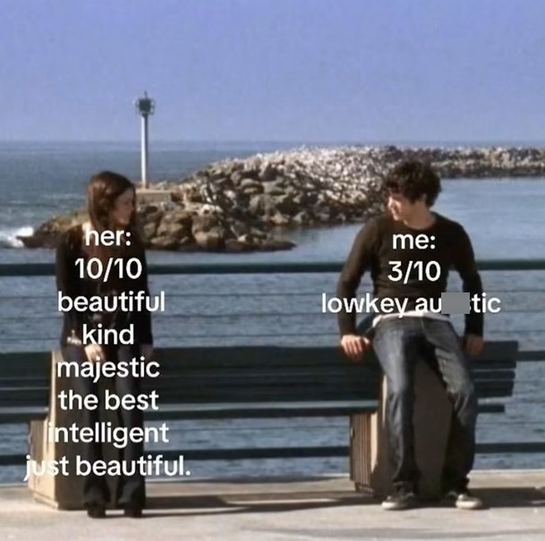 her: 10/10 beautiful kind majestic the best intelligent just beautiful. me: 3/10 lowkey au tic