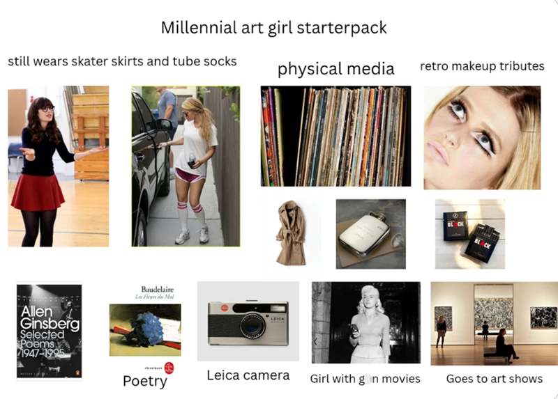 Millennial art girl starterpack still wears skater skirts and tube socks Allen Ginsberg Selected Poems 1947-1995 Baudelaire Les Fleurs du Mal physical media retro makeup tributes LEICA Leica camera Poetry Girl with gain movies Goes to art shows