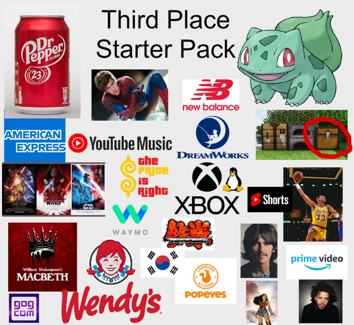 Third Place Pepper Starter Pack (23) B new balance AMERICAN EXPRESS YouTube Music DREAMWORKS the PRICE is STAR WARS STAR Right XBOX WAYMO William Shakespeare's MACBETH gog COM Wendy's Shorts 33 prime video LOUISIANA POPEYES