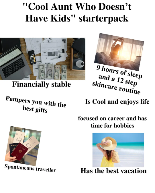 "Cool Aunt Who Doesn't Have Kids" starterpack Financially stable 9 hours of sleep and a 12 step skincare routine Pampers you with the best gifts Is Cool and enjoys life focused on career and has time for hobbies Spontaneous traveller Has the best vacation