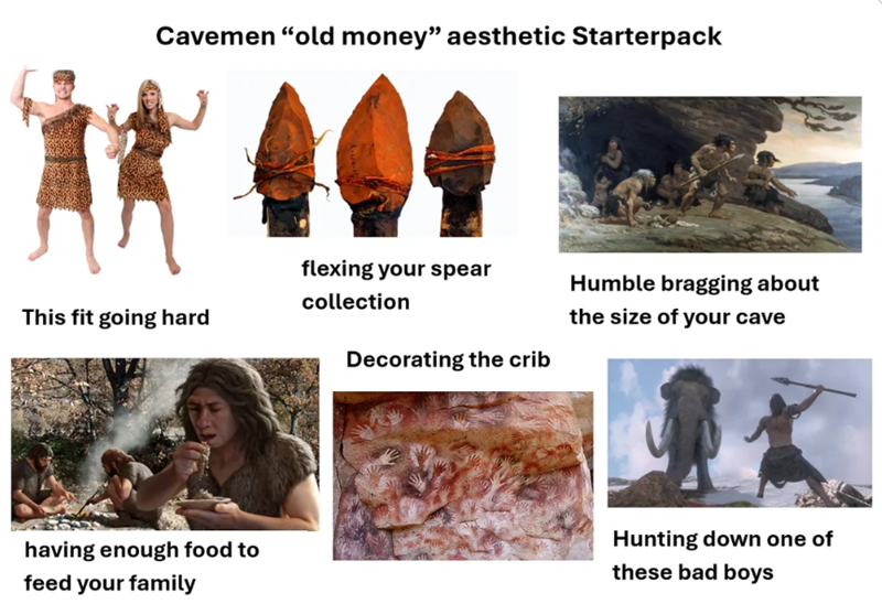 Cavemen "old money" aesthetic Starterpack This fit going hard flexing your spear collection Decorating the crib Humble bragging about the size of your cave having enough food to feed your family Hunting down one of these bad boys