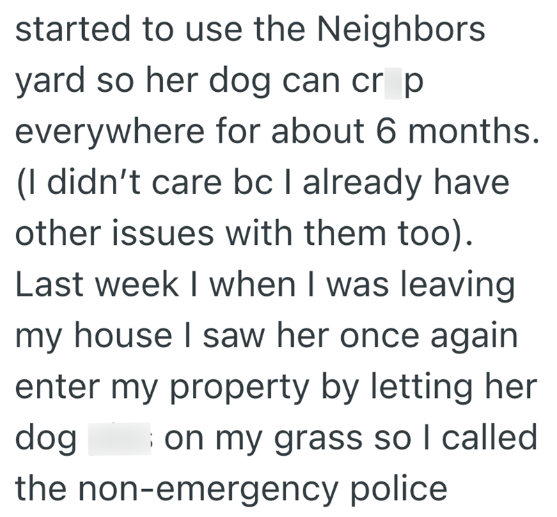 started to use the Neighbors yard so her dog can cr p everywhere for about 6 months. (I didn't care bc I already have other issues with them too). Last week I when I was leaving my house I saw her once again enter my property by letting her dog on my grass so I called the non-emergency police