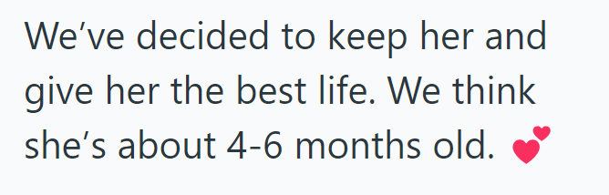 We've decided to keep her and give her the best life. We think she's about 4-6 months old.