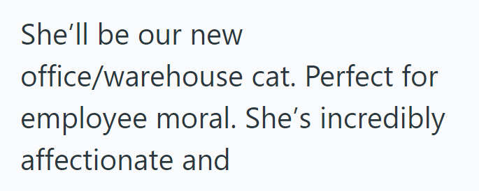 She'll be our new office/warehouse cat. Perfect for employee moral. She's incredibly affectionate and
