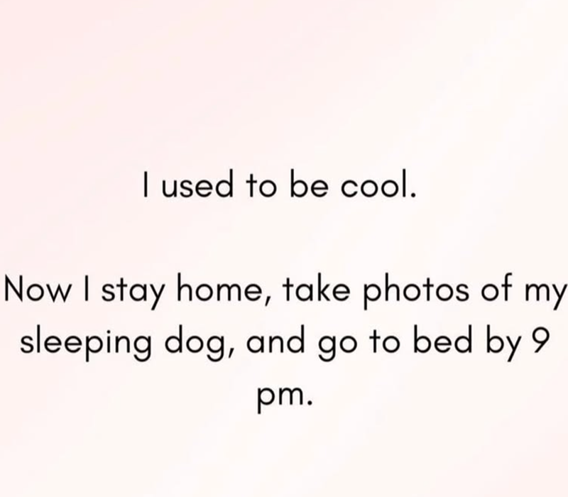 I used to be cool. Now I stay home, take photos of my sleeping dog, and go to bed by 9 pm.