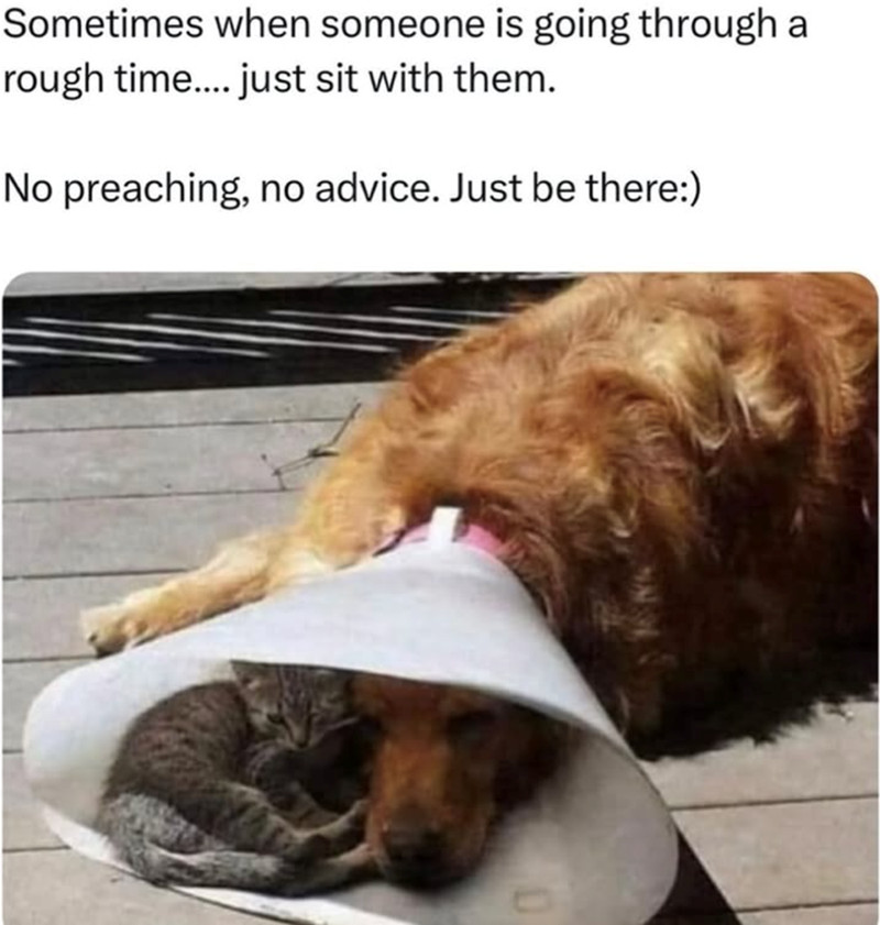 Sometimes when someone is going through a rough time.... just sit with them. No preaching, no advice. Just be there:)