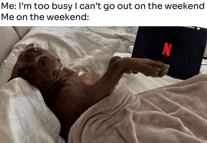Me: I'm too busy I can't go out on the weekend Me on the weekend: N
