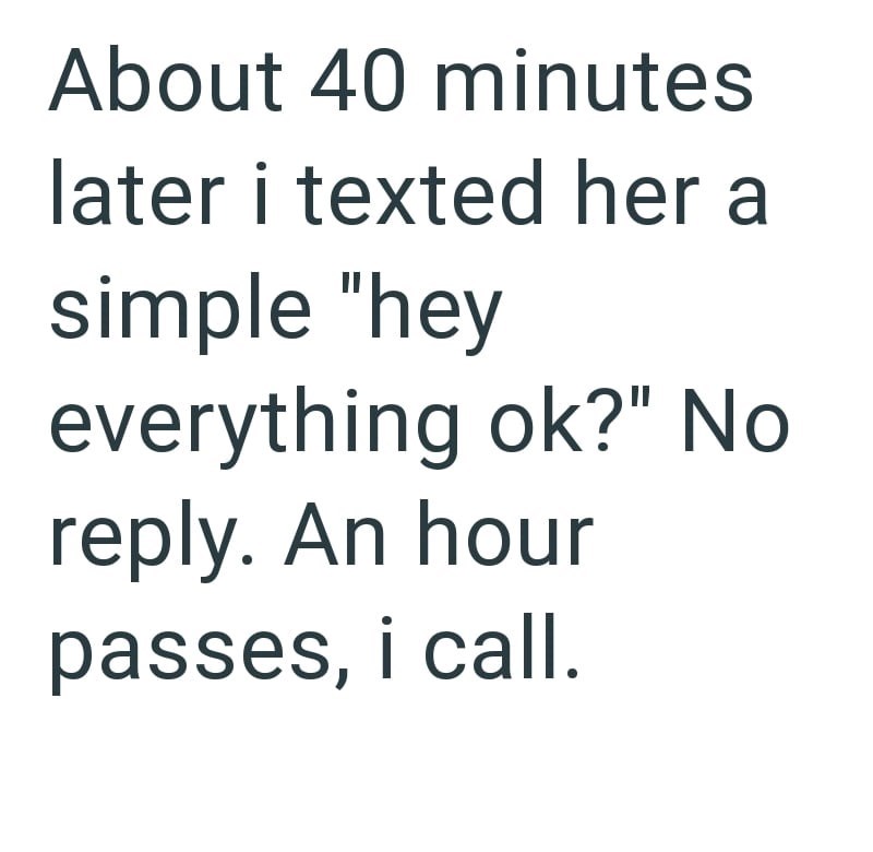 About 40 minutes later i texted her a simple "hey everything ok?" No reply. An hour passes, i call.