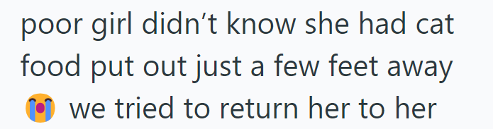 poor girl didn't know she had cat food put out just a few feet away we tried to return her to her