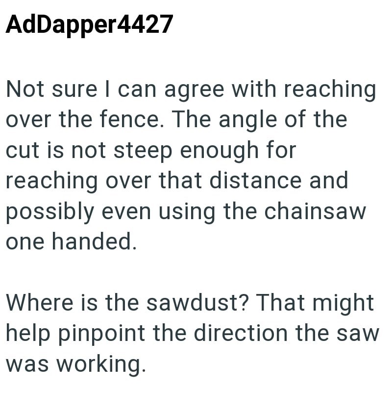 AdDapper4427 Not sure I can agree with reaching over the fence. The angle of the cut is not steep enough for reaching over that distance and possibly even using the chainsaw one handed. Where is the sawdust? That might help pinpoint the direction the saw was working.