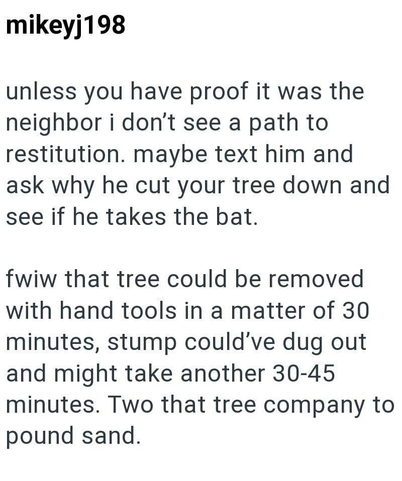 mikeyj198 unless you have proof it was the neighbor i don't see a path to restitution. maybe text him and ask why he cut your tree down and see if he takes the bat. fwiw that tree could be removed with hand tools in a matter of 30 minutes, stump could've dug out and might take another 30-45 minutes. Two that tree company to pound sand.