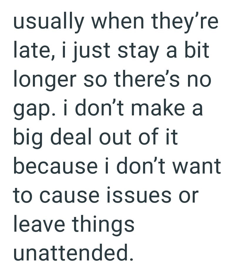 usually when they're late, i just stay a bit longer so there's no gap. i don't make a big deal out of it because i don't want to cause issues or leave things unattended.