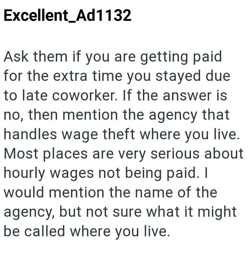 Excellent_Ad1132 Ask them if you are getting paid for the extra time you stayed due to late coworker. If the answer is no, then mention the agency that handles wage theft where you live. Most places are very serious about hourly wages not being paid. I would mention the name of the agency, but not sure what it might be called where you live.