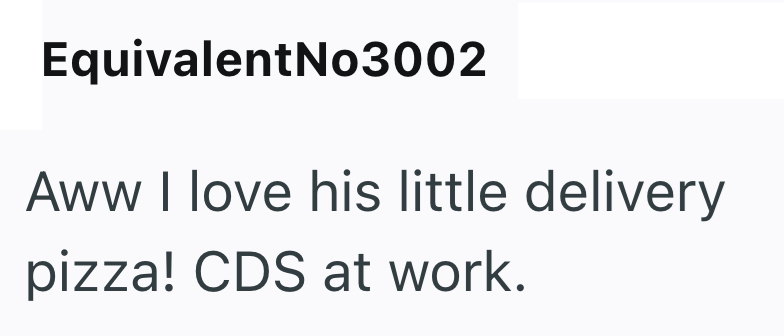 EquivalentNo3002 Aww I love his little delivery pizza! CDS at work.