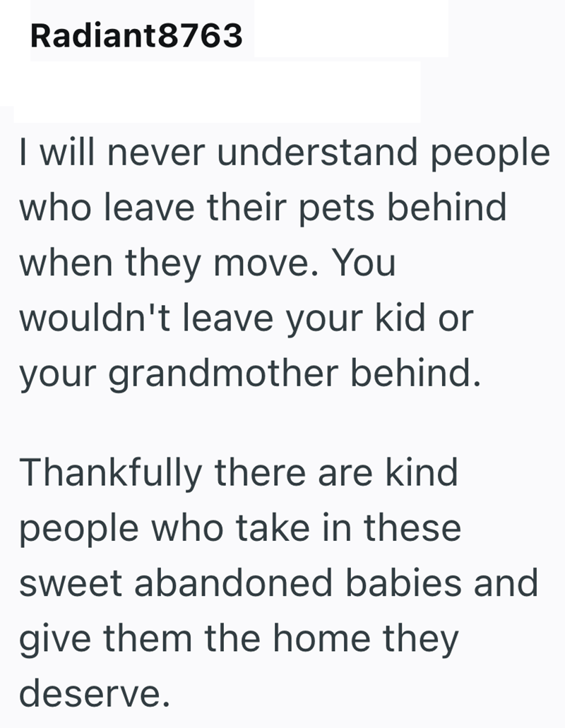 Radiant8763 I will never understand people who leave their pets behind when they move. You wouldn't leave your kid or your grandmother behind. Thankfully there are kind people who take in these sweet abandoned babies and give them the home they deserve.