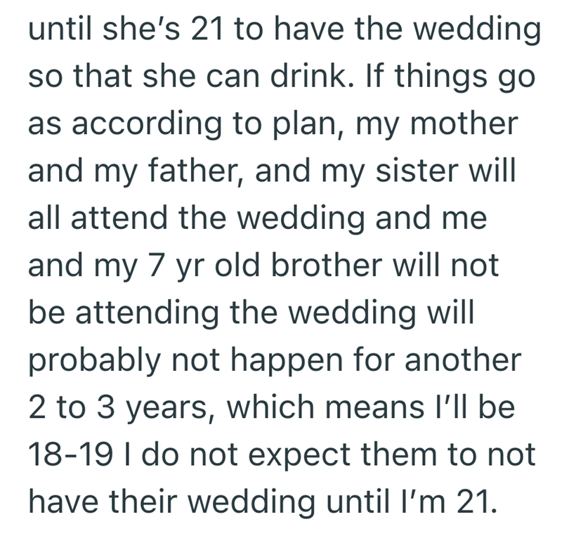 until she's 21 to have the wedding so that she can drink. If things go as according to plan, my mother and my father, and my sister will all attend the wedding and me and my 7 yr old brother will not be attending the wedding will probably not happen for another 2 to 3 years, which means I'll be 18-19 I do not expect them to not have their wedding until I'm 21.