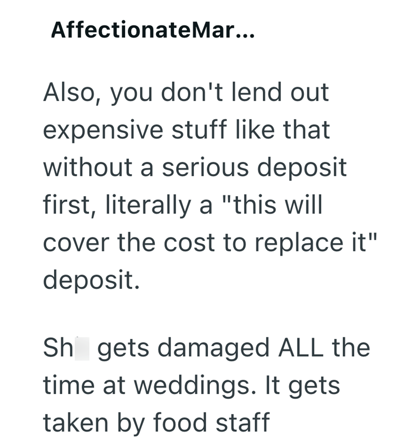 Affectionate Mar... Also, you don't lend out expensive stuff like that without a serious deposit first, literally a "this will cover the cost to replace it" deposit. Sh gets damaged ALL the time at weddings. It gets taken by food staff