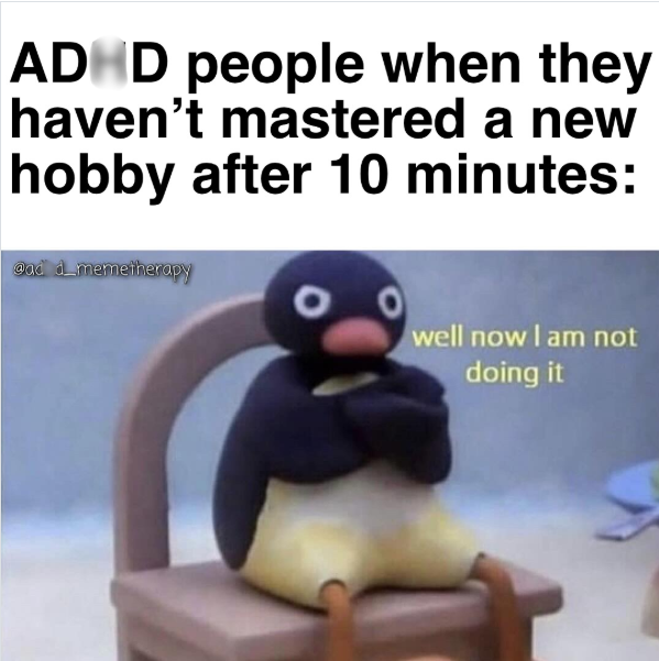 ADHD people when they haven't mastered a new hobby after 10 minutes: oad d_memetherapy 0 well now I am not doing it