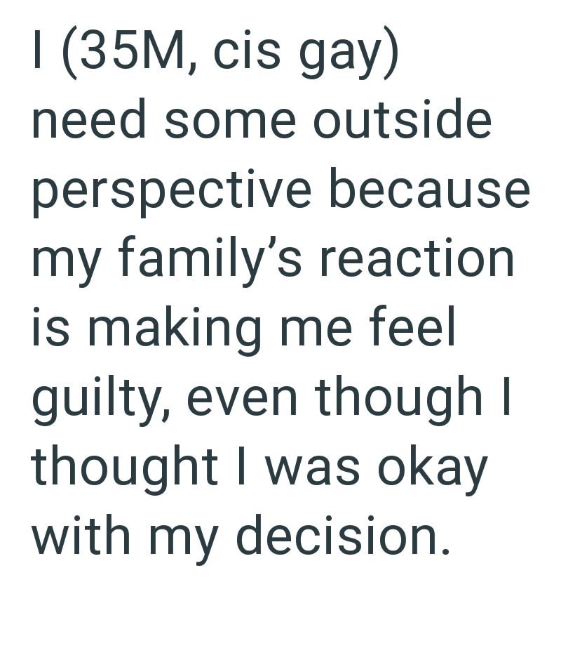 I (35M, cis gay) need some outside perspective because my family's reaction is making me feel guilty, even though I thought I was okay with my decision.