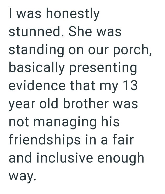 I was honestly stunned. She was standing on our porch, basically presenting evidence that my 13 year old brother was not managing his friendships in a fair and inclusive enough way.