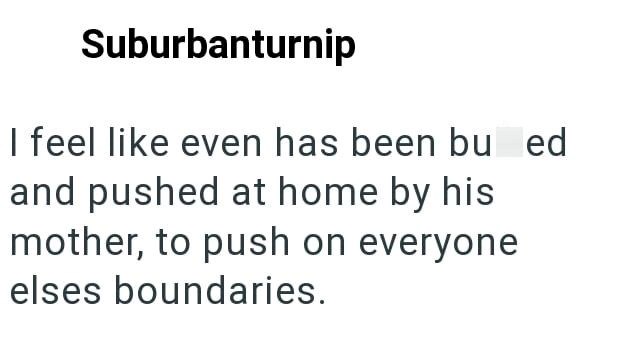 Suburbanturnip I feel like even has been bu ed and pushed at home by his mother, to push on everyone elses boundaries.