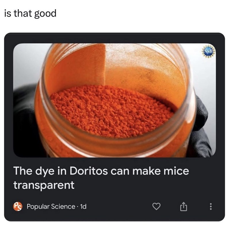 is that good The dye in Doritos can make mice transparent Ps Popular Science. 1d 1
