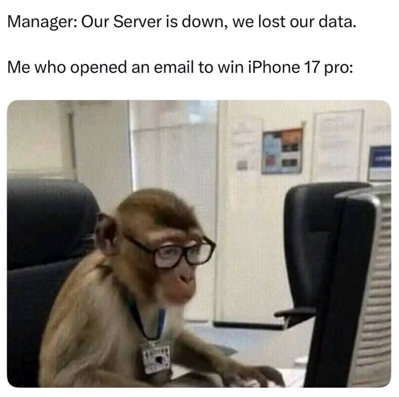 Manager: Our Server is down, we lost our data. Me who opened an email to win iPhone 17 pro: